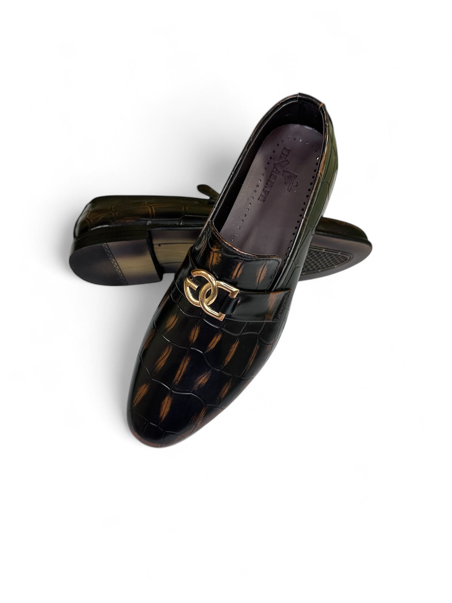 Men's Croc-Embossed Leather Slip-On Shoes with Gold Geometric Accent | Fraash