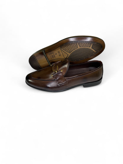 Premium Brown Leather Slip-On Shoes with Elegant Gold Detail | Fraash