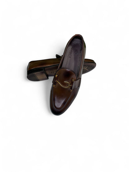 Premium Brown Leather Slip-On Shoes with Elegant Gold Detail | Fraash