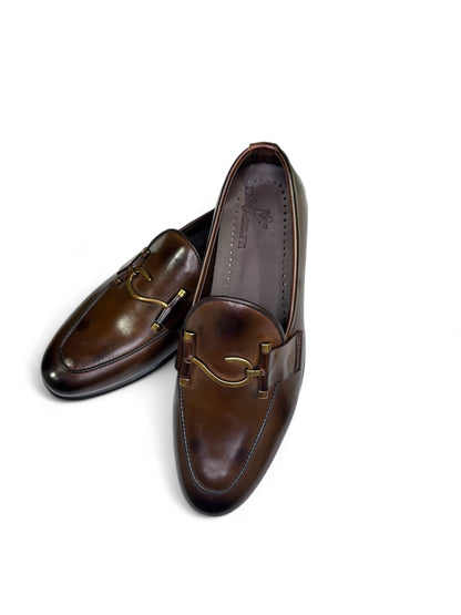 Premium Brown Leather Slip-On Shoes with Elegant Gold Detail | Fraash