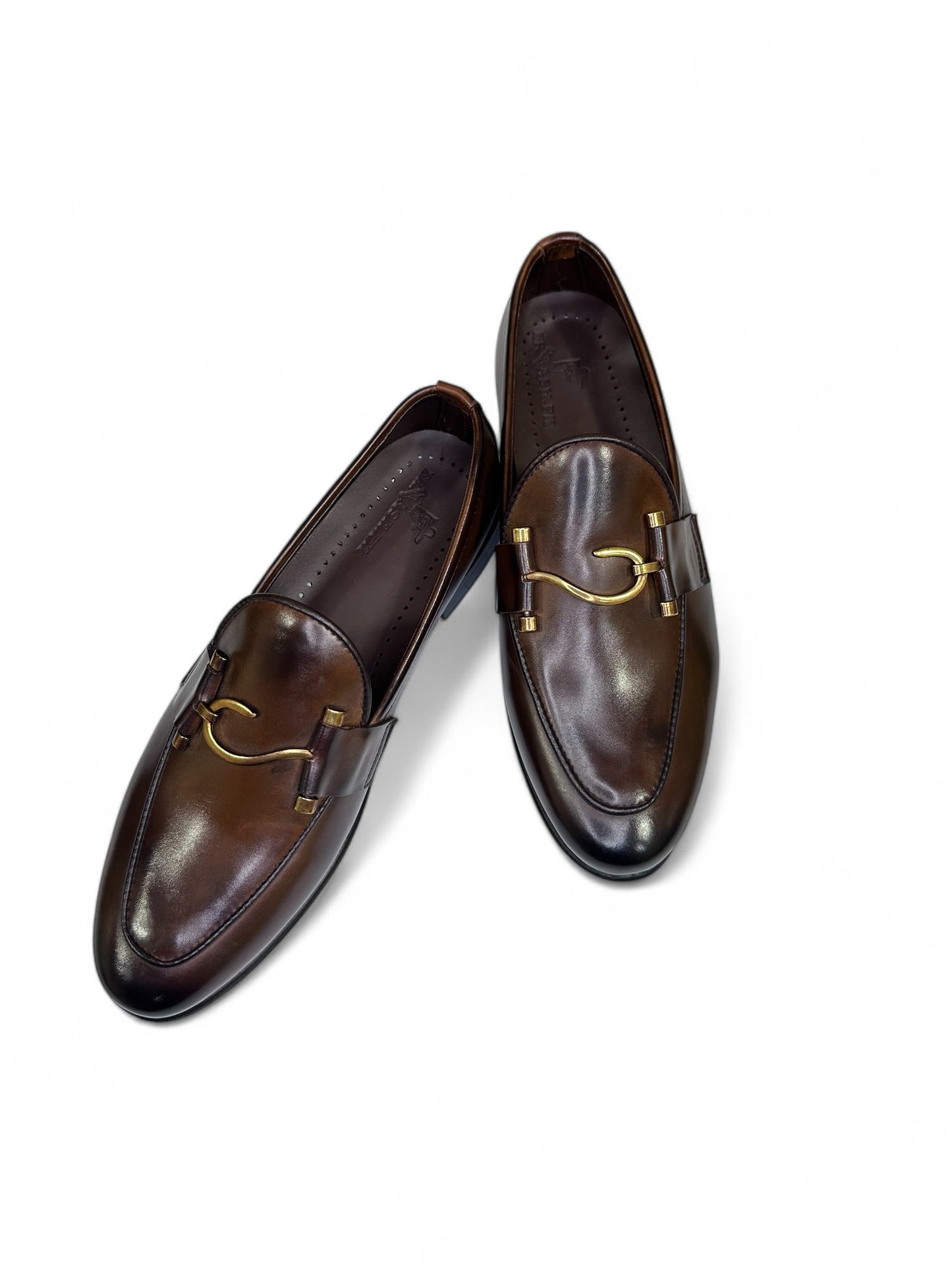 Premium Brown Leather Slip-On Shoes with Elegant Gold Detail | Fraash