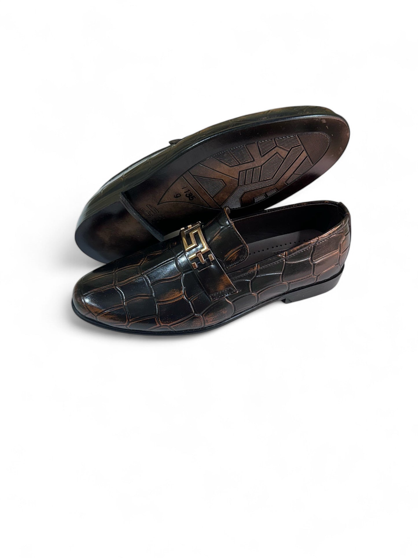 Men's Croc-Embossed Leather Slip-On Shoes with Gold Geometric Accent | Fraash